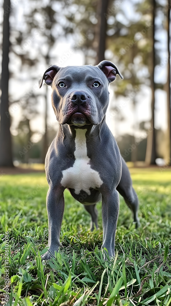 Majestic Pitbull Standing on Lush Green Lawn with Muscular Build and Focused Expression Majestic Pitbull Standing on Lush Green Lawn with Muscular Build and Focused Expression