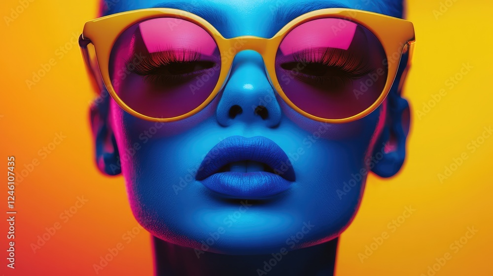 Bold Pop Art Style Image: Person with Blue Skin and Colorful Sunglasses in Vivid Shades Bold Pop Art Style Image: Person with Blue Skin and Colorful Sunglasses in Vivid Shades