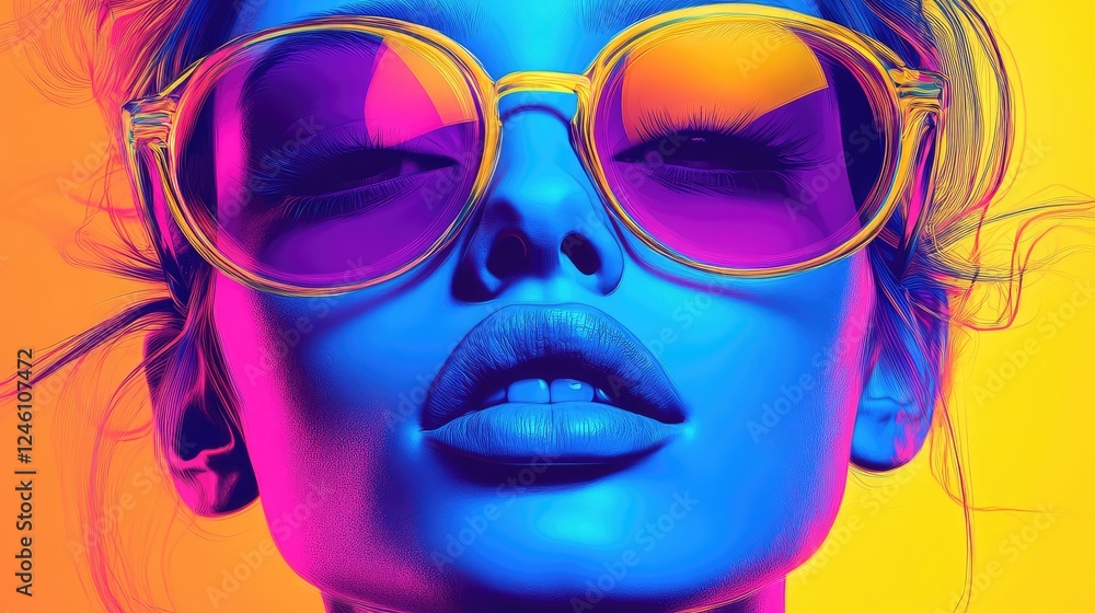 Bold Pop Art Style Image: Person with Blue Skin and Colorful Sunglasses in Vivid Shades Bold Pop Art Style Image: Person with Blue Skin and Colorful Sunglasses in Vivid Shades