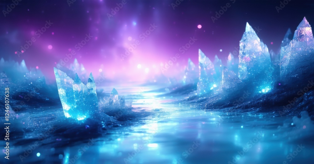 Obraz premium Celestial glow gradient fading from icy blue into cosmic purple, featuring ethereal crystal formations and a luminous, sparkling texture creating a mystical atmosphere