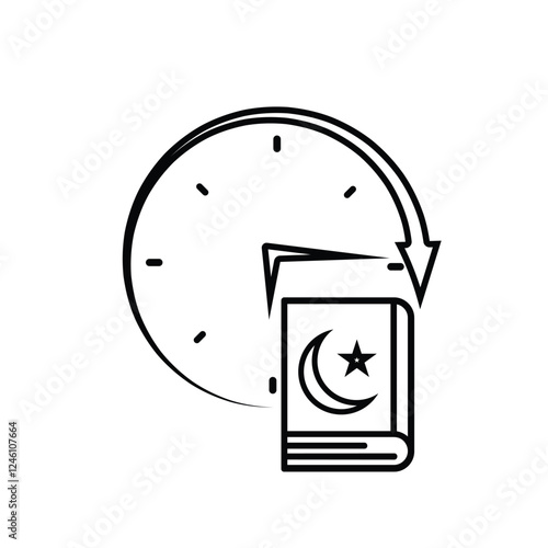 Ramadan icon. vector clock with Islamic religious scriptures on a white background. reading the Koran, time to recite the Koran, study. Line design style