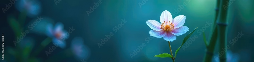 Delicate bamboo flower blooming under blue soft focus light, nighttime, botanical, peaceful Delicate bamboo flower blooming under blue soft focus light, nighttime, botanical, peaceful