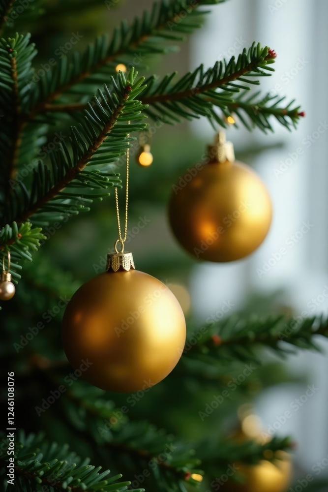 Fototapeta premium Decorative gold balls hanging from evergreen tree limbs, tree, ornaments, season
