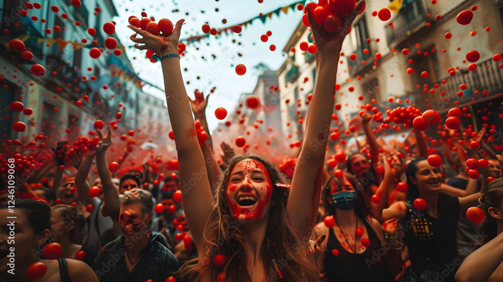Obraz premium people throw tomatoes enthusiastically at the La Tomatina Festival, the background of city streets filled with red tomatoes and people cheering
