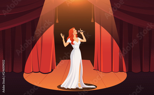 A female singer in a white gown singing passionately on stage with red curtains in background, spotlight shining. Vector illustration