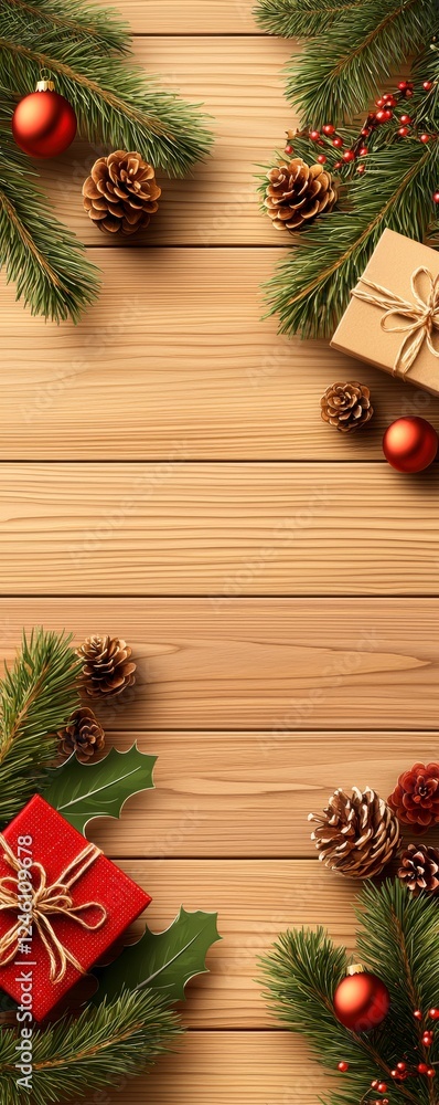Christmas Festive Wooden Background with Gifts and Decorations. Christmas Festive Wooden Background with Gifts and Decorations.