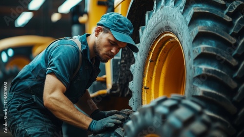 Dedicated Mechanic Working on a Tractor Tire photo