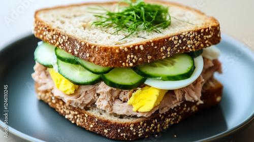 Delightful rye sandwich stacked high with creamy tuna, fresh avocado, crunchy cucumber, and egg, served on a simple plate against a cozy kitchen backdrop, perfect for a leisurely brunch