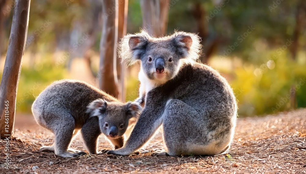 Naklejka premium Enchanting Moment Mother Koala Caring for Joey amidst Wild Australian Fauna and Flora on Kangaroo Island