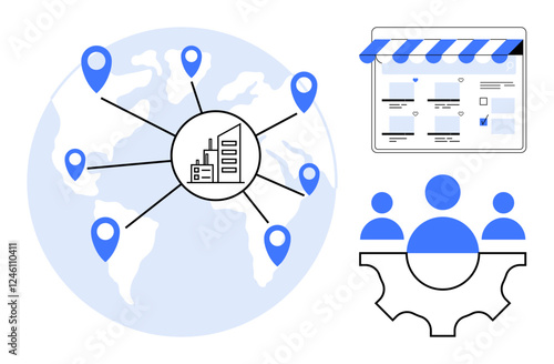 World map with location markers connecting to central business hub, a web storefront, and team collaboration symbol. Ideal for globalization, e-commerce, teamwork, connectivity, geography