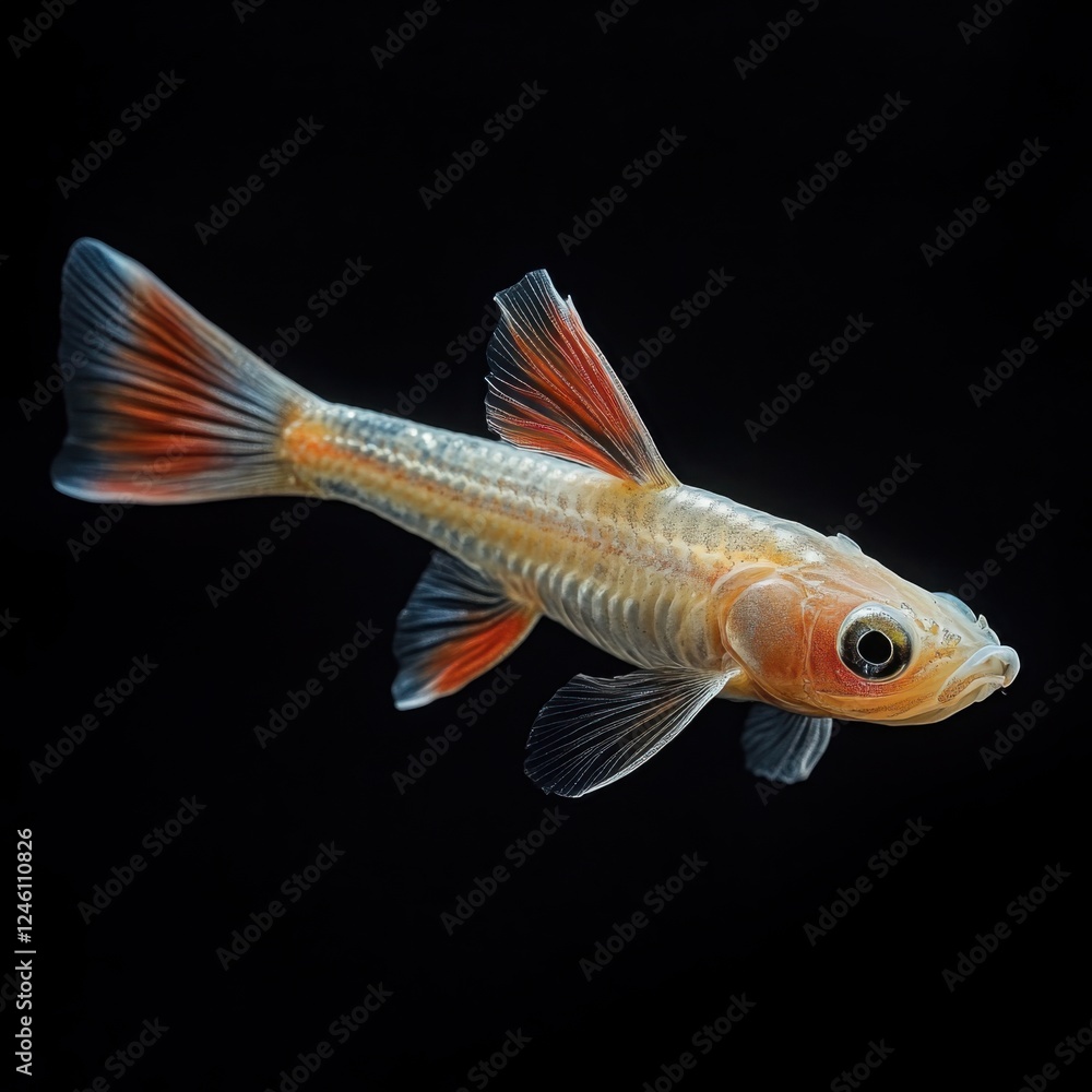 Elegant orange and white freshwater fish swimming against black background Elegant orange and white freshwater fish swimming against black background