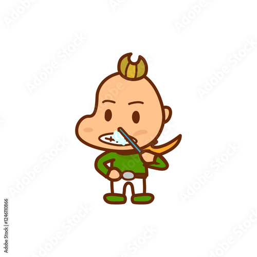 歯を磨く緑の服を着てマフラーを巻いた男の子