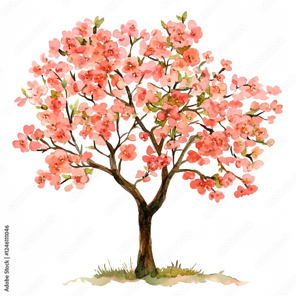 Tree with pink flowers is painted in watercolor Tree with pink flowers is painted in watercolor