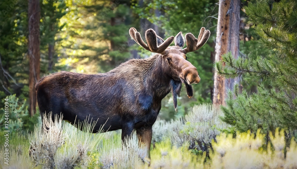 Majestic Moose Grazing in an Idaho Forest A Symphony of Autumn Hues and Wilderness Serenity, Enthralling Viewer with Its Splendid Vistas. Majestic Moose Grazing in an Idaho Forest A Symphony of Autumn Hues and Wilderness Serenity, Enthralling Viewer with Its Splendid Vistas.