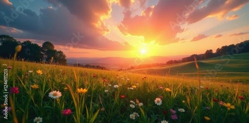 A verdant meadow glows with an otherworldly light as the sun dips low in the horizon, meadow, sky