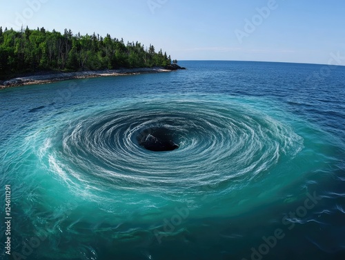 Mysterious whirlpool in the ocean with a dark vortex near a green island photo