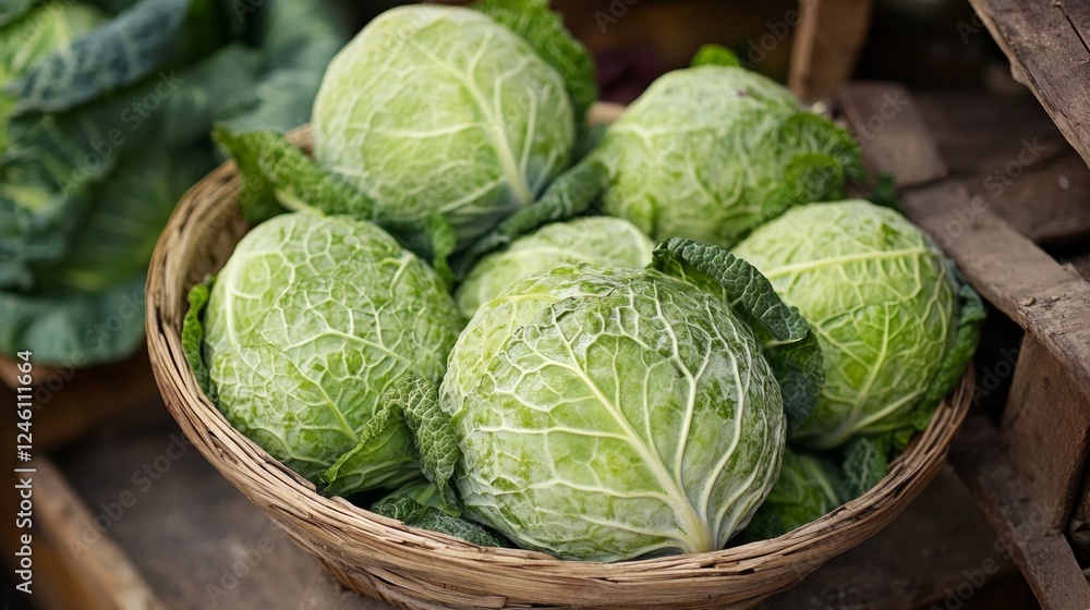 Fototapeta premium Fresh Green Cabbages in a Basket