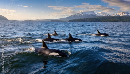 Majestic Orcas in Open Ocean AweInspiring Glimpse of a Wild Killerwhale Pod Swimming Gracefully Amidst Deep Blue Waters, at