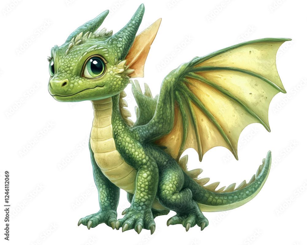 Fototapeta premium playful baby dragon with oversized wings, looking curious and vibrant. This charming creature embodies sense of wonder and adventure, perfect for fantasy themes