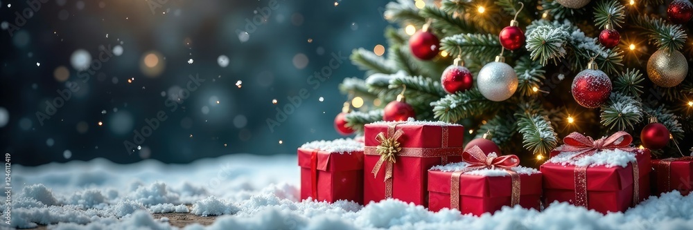 A snow-covered Christmas tree with wrapped red gift boxes, gift giving, festive atmosphere A snow-covered Christmas tree with wrapped red gift boxes, gift giving, festive atmosphere