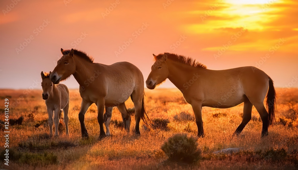 Powerful Przewalskis Horses Roam the Stark, SunBaked Mongolian Steppe, Against a Backdrop of Endless Sky and Rocky Outcrops. Powerful Przewalskis Horses Roam the Stark, SunBaked Mongolian Steppe, Against a Backdrop of Endless Sky and Rocky Outcrops.