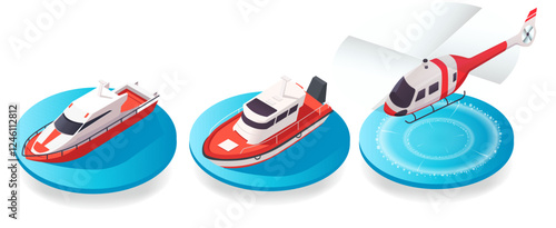 Isometric illustration of two rescue boats and a helicopter in red and white colors on blue circular platforms. Emergency transport concept. Vector illustration