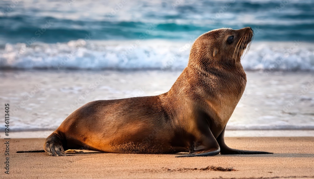 Fototapeta premium Striking Sea Lion Basking on the Shoreline, Against a Backdrop of Crashing Waves and Jagged Rocks in a Dramatic Coastal Landscape, Capturing the Majesty of Natures Wilderness.
