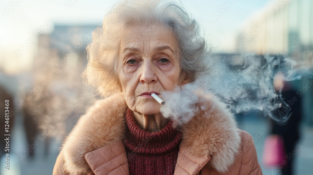 An elderly woman with a contemplative expression smokes in an urban environment, capturing the essence of resilience and time's passage, surrounded by a bustling scene. An elderly woman with a contemplative expression smokes in an urban environment, capturing the essence of resilience and time's passage, surrounded by a bustling scene.