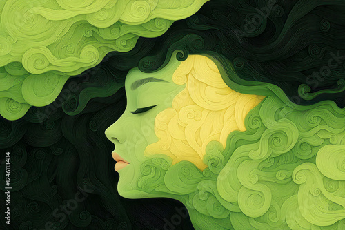 A peaceful and artistic close-up of a womanâ€™s face, blending gently with swirling green patterns, photo