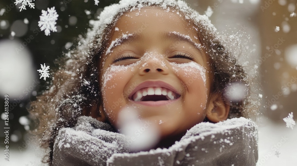 Fototapeta premium A joyful child experiencing the magic of a snowy day with snowflakes