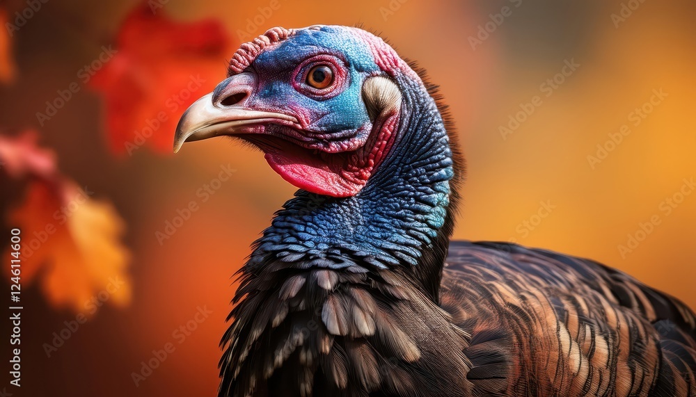 Striking Wild Turkey Strutting in an Autumn Meadow, Feathers Glowing with Rust and Amber Tones as it Basks in the Late Afternoon Sunlight Striking Wild Turkey Strutting in an Autumn Meadow, Feathers Glowing with Rust and Amber Tones as it Basks in the Late Afternoon Sunlight