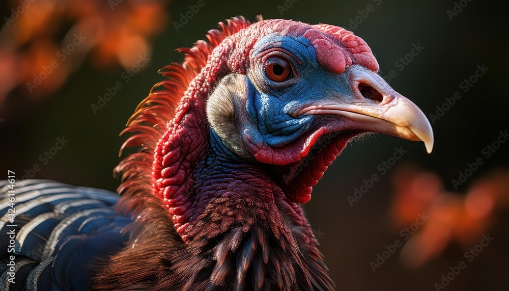 Majestic Wild Turkey Amidst Dappled Autumn Forest, Striking Display of Feathers and Vibrant Eyes, Captured in a Serene Moment of Natures Majesty. Majestic Wild Turkey Amidst Dappled Autumn Forest, Striking Display of Feathers and Vibrant Eyes, Captured in a Serene Moment of Natures Majesty.