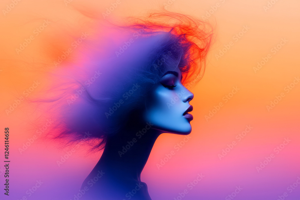 A moody, artistic shot of a woman’s face, gently illuminated, with abstract swirling orange and A moody, artistic shot of a woman’s face, gently illuminated, with abstract swirling orange and