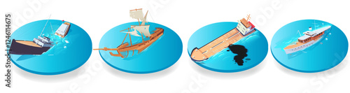 Ships depicted on blue circular platforms with unique scenarios, including collisions, oil spills, and historical vessels. Vector illustration