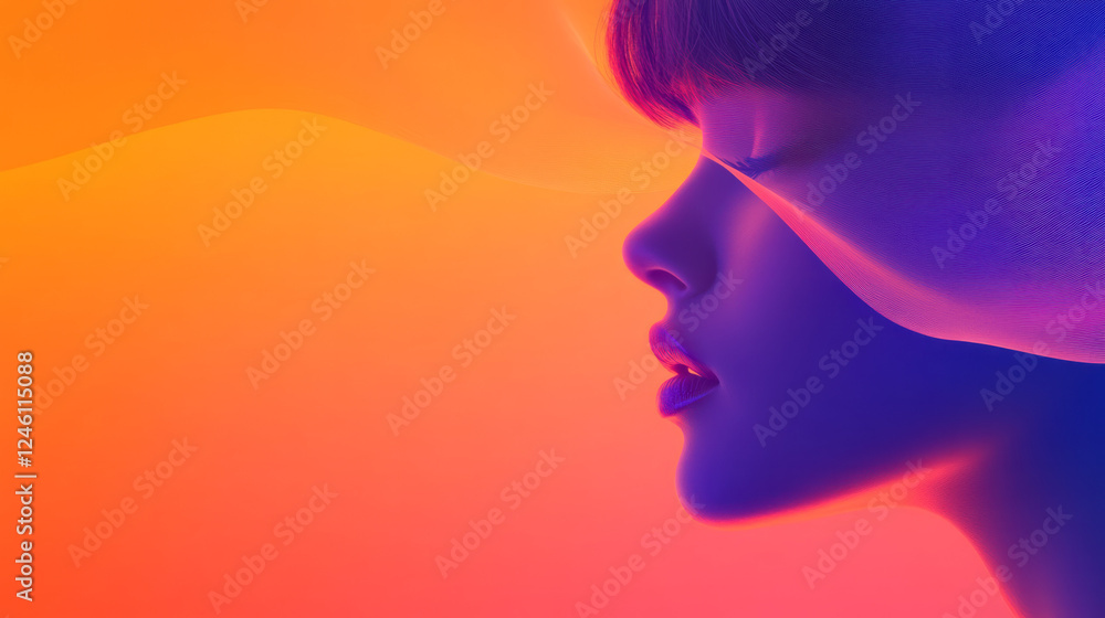 A soft-focus close-up of a woman’s face, surrounded by dynamic orange and purple shapes that flow A soft-focus close-up of a woman’s face, surrounded by dynamic orange and purple shapes that flow