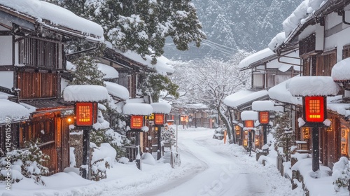 Snowy Japanese Village Street: A Winter Wonderland in Shirahone, Gifu Prefecture photo