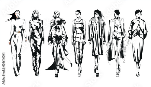 Beautiful young girl in stylish clothes. Fashion woman look. Sale concept. Hand-drawn fashion illustration. Cute girl in fashion clothes set.