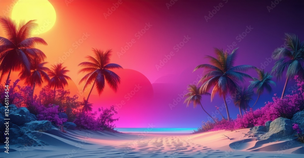 Naklejka premium Tropical sunset gradient shifting from fiery red to neon purple with a sandy grain effect, creating a bold and dramatic atmosphere with vibrant colors and natural texture