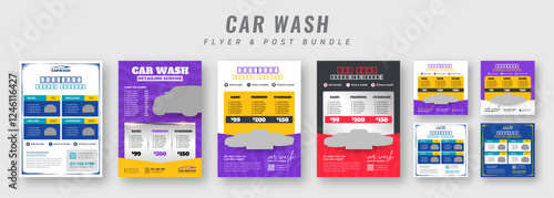 Mobile car wash and detailing flyer and social media post template bundle. Auto cleaning service promotional banner with pricing plans, modern layout, advertising and marketing.