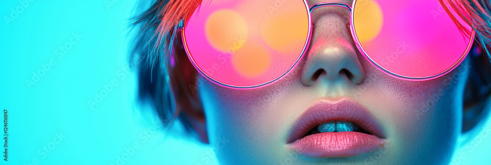 A close-up shot of a woman’s face framed by round pink-tinted glasses, surrounded by vivid neon A close-up shot of a woman’s face framed by round pink-tinted glasses, surrounded by vivid neon