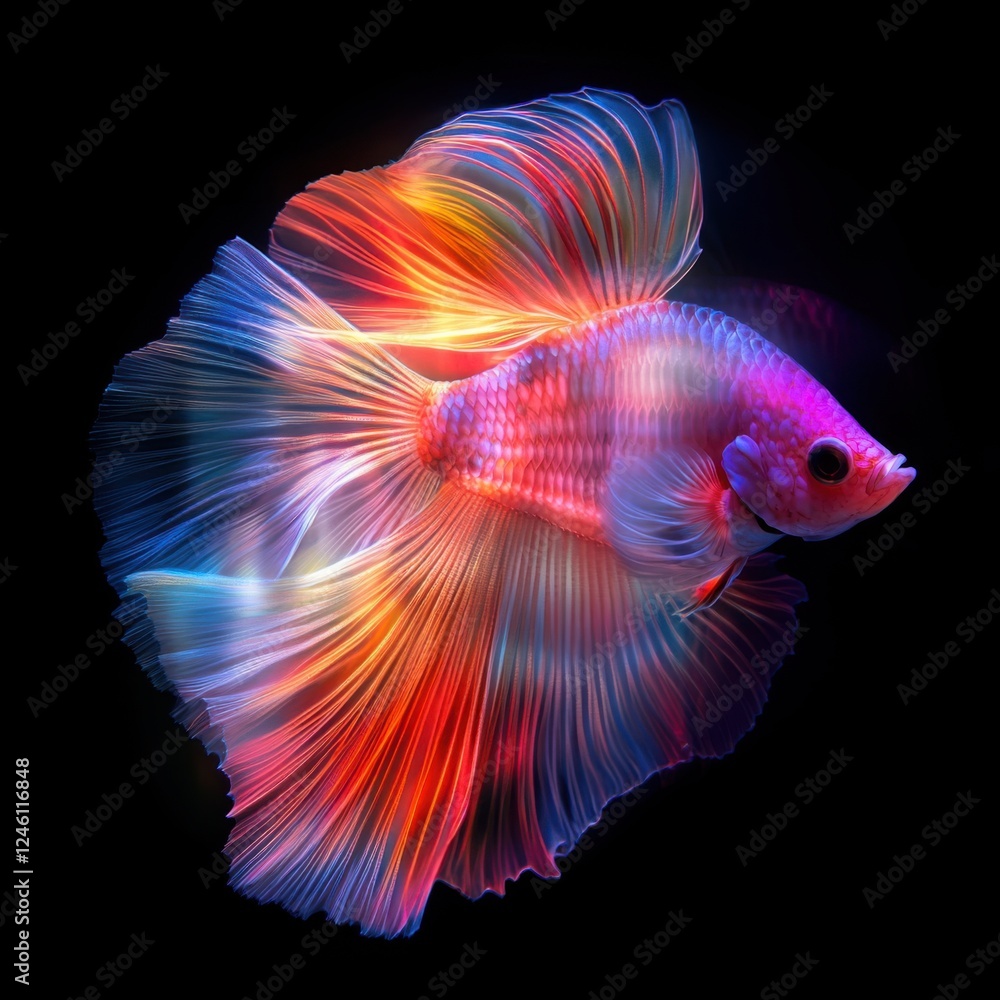 Vibrant Betta Fish with Flowing Fins in Neon Colors on Black Background Vibrant Betta Fish with Flowing Fins in Neon Colors on Black Background