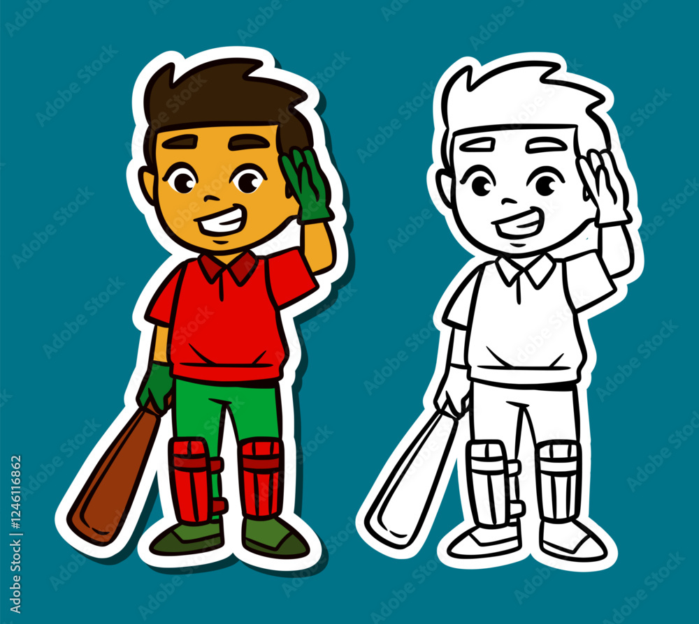 Cute Cartoon Sticker Illustration of a Cricket Player Cute Cartoon Sticker Illustration of a Cricket Player