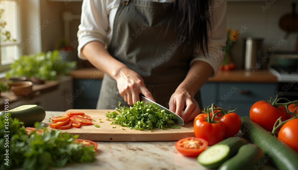 Woman Chopping Fresh Herbs and Vegetables in Kitchen Woman Chopping Fresh Herbs and Vegetables in Kitchen