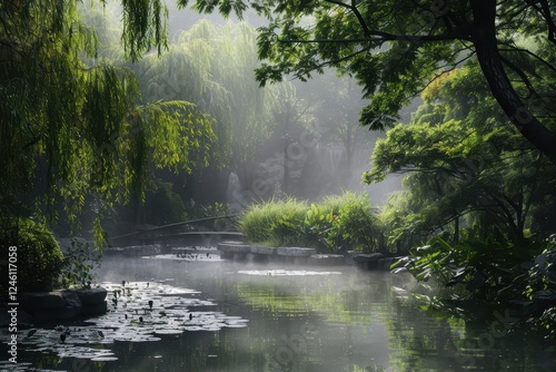 Morning mist rises from a tranquil garden pond surrounded by lush greenery and vibrant plants during a serene autumn morning