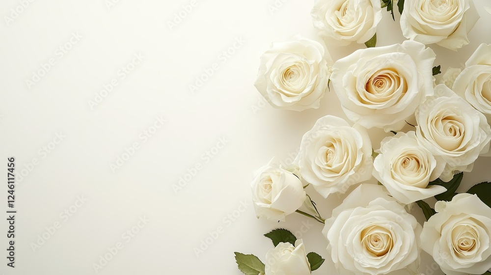 A table setting with white roses and gold accents at a wedding reception, leaving space for text. A table setting with white roses and gold accents at a wedding reception, leaving space for text.