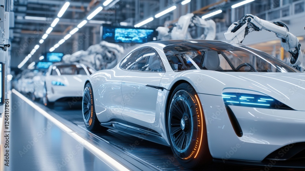 Fototapeta premium A modern car manufacturing plant with robotic arms assembling electric vehicles in perfect synchronization, surrounded by clean, high-tech interiors