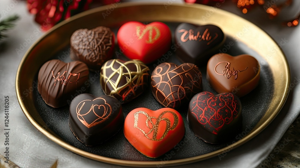 A tray of personalized Valentine chocolates with initials and heart-shaped patterns.