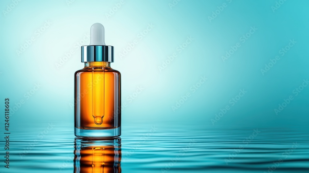 A stylish amber dropper bottle gracefully placed on smooth reflective waters, enhancing its aesthetic appeal and representing purity and tranquility in beauty products. A stylish amber dropper bottle gracefully placed on smooth reflective waters, enhancing its aesthetic appeal and representing purity and tranquility in beauty products.