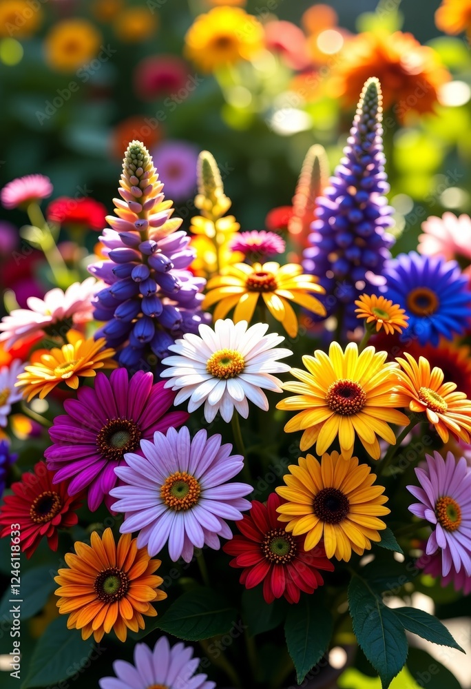 Obraz premium vibrant flower bouquet circular arrangement sunlit garden bokeh 8K diverse beauty vaporwave wallpaper