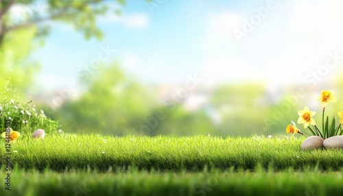Spring Meadow With Yellow Daffodils, Blooming Flowers in Green Grass, Sunny Day, Nature Background